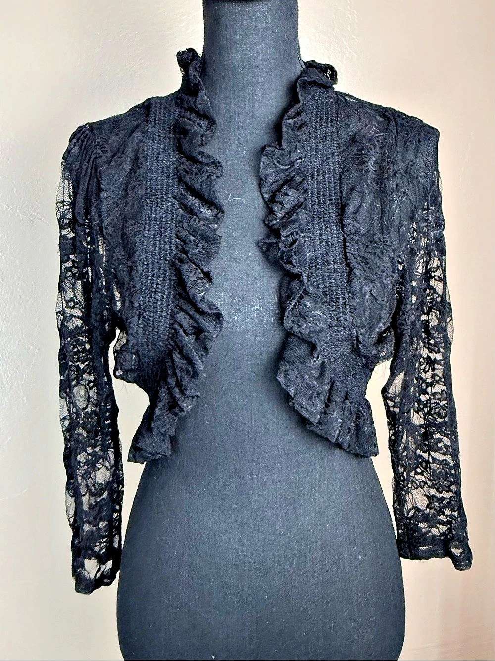 Libian Black Floral Sheer Lace Ruffled Open Front Cropped Bolero Shrug